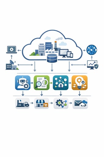 Clean diagram showing SAP Cloud ERP implementation architecture with AI-powered workflow components and integration points