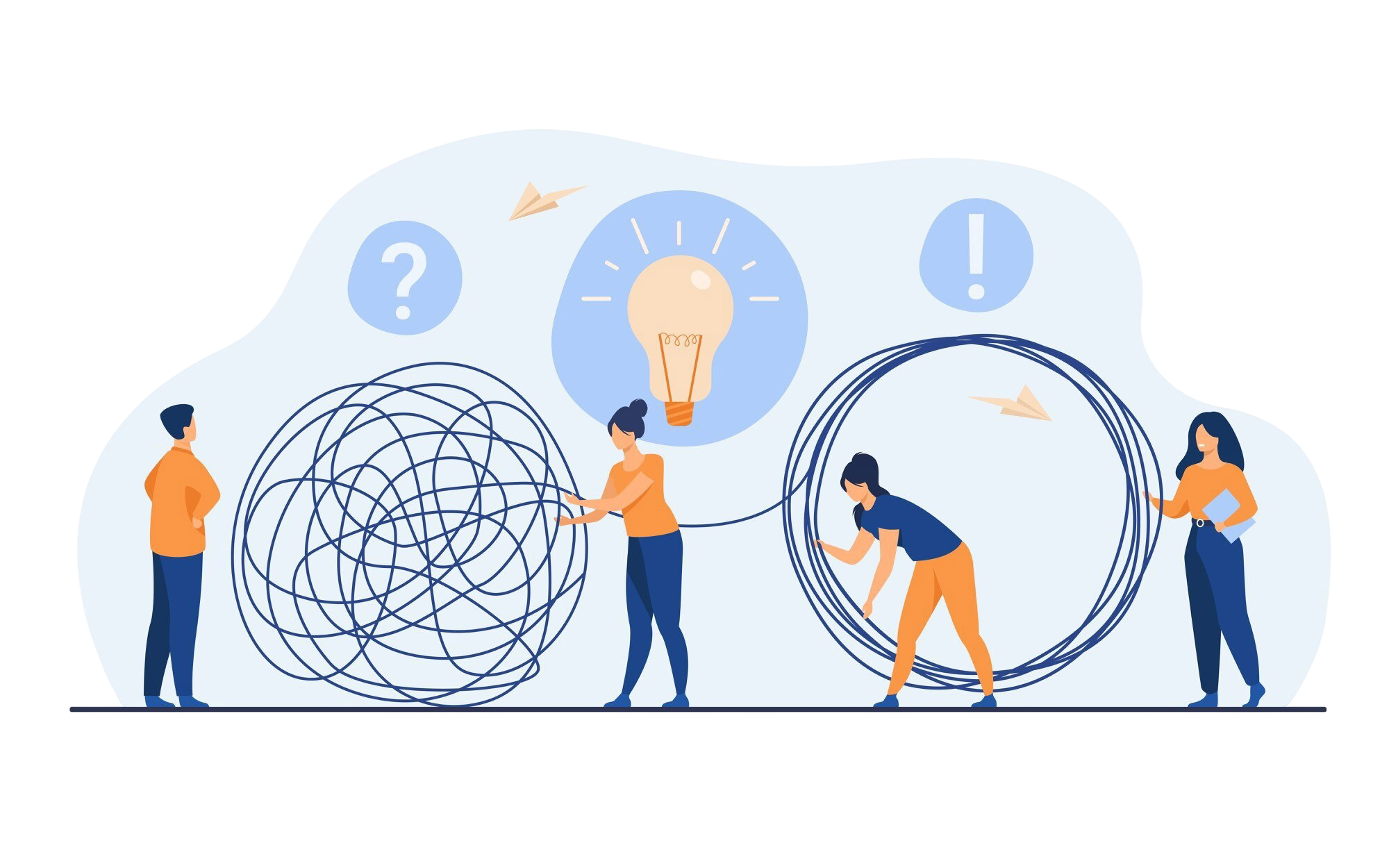 team-von-krisenmanagern-die-geschaeftsmannprobleme-loesen-mitarbeiter-mit-gluehbirne-entwirren-sich-vektorillustration-fuer-teamarbeit-loesung-managementkonzept